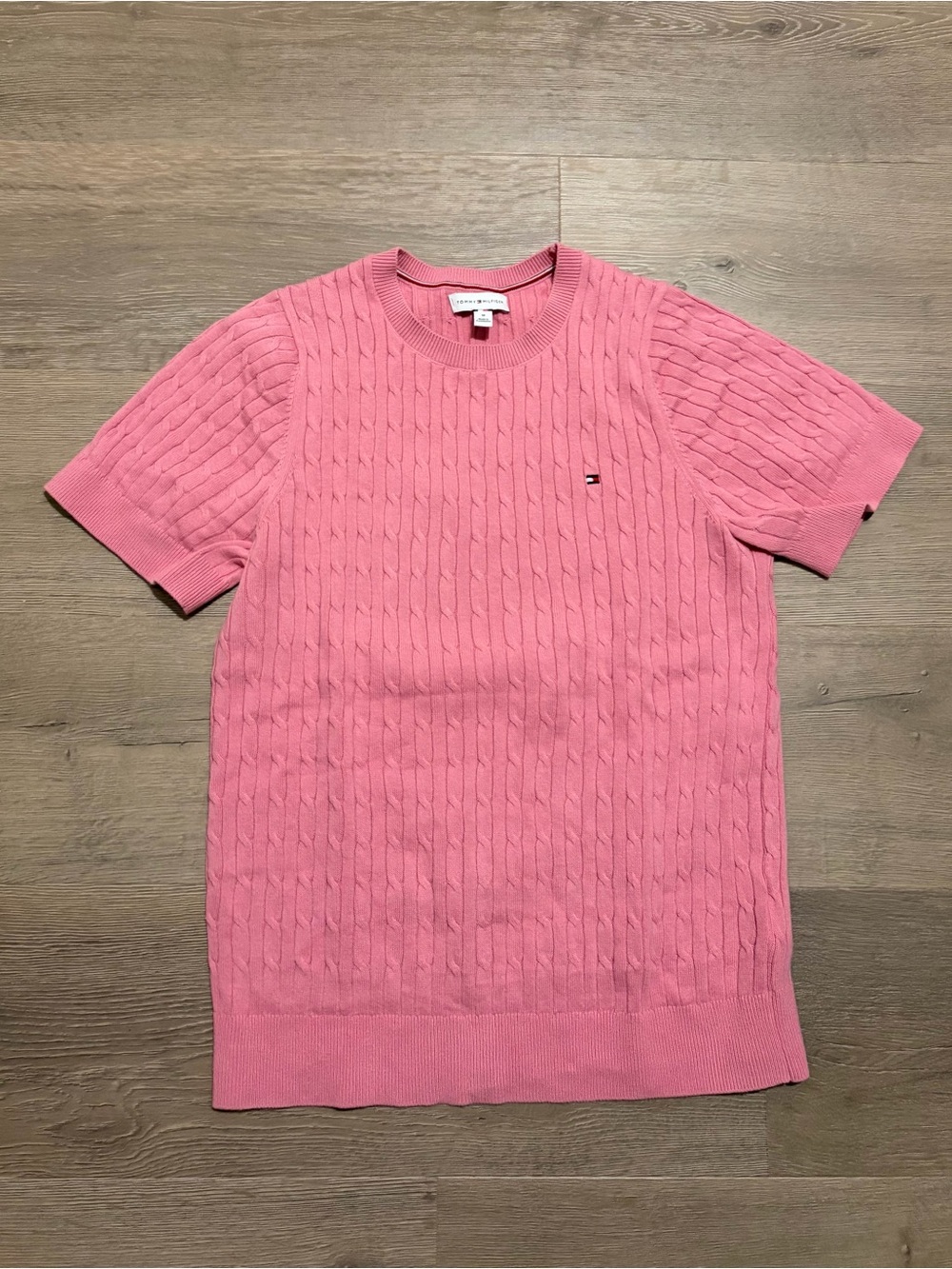 Tommy Hilfiger Pink Cable-Knit Short Sleeve Crewneck Sweater